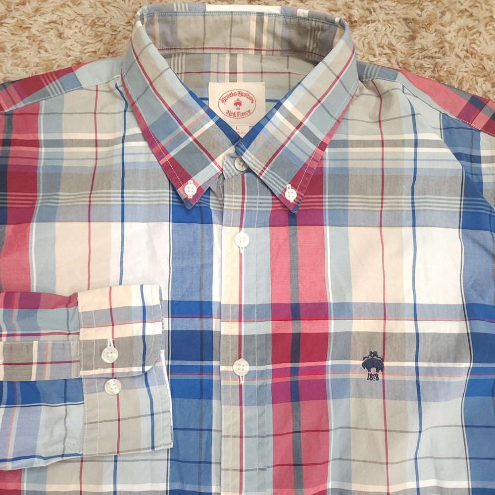 Brooks Brothers Red Fleece Mens L Plaid Oxford Long Sleeve Button Up
